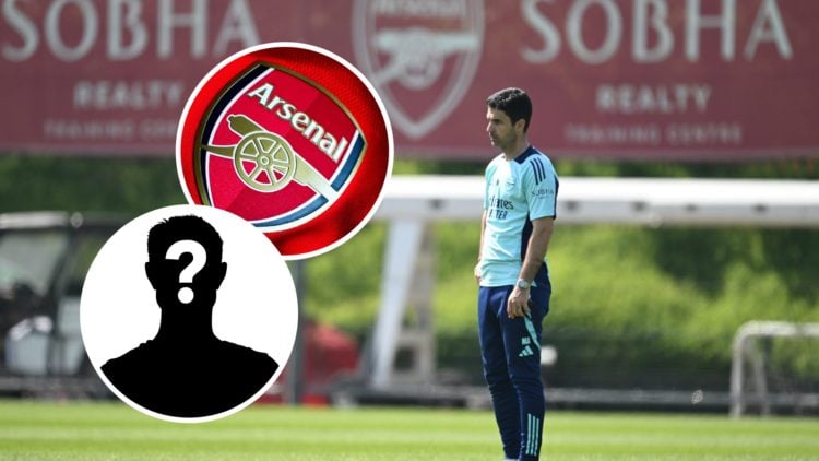 Mikel Arteta with insets of Arsenal badge and mystery silhouette