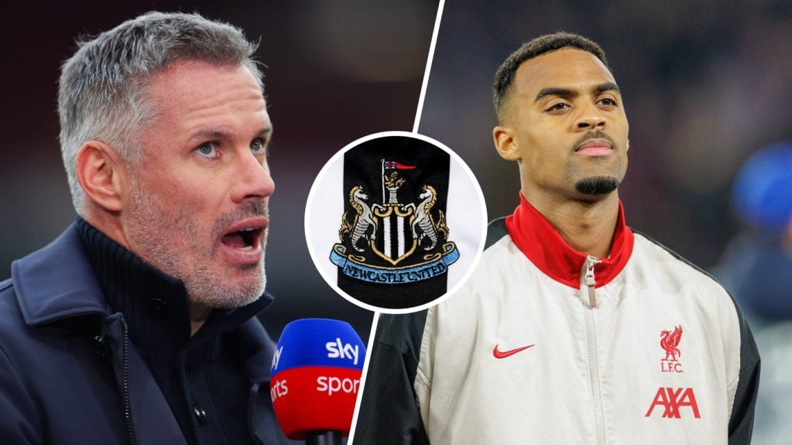 Jamie Carragher commentating during a Premier League match. Split with Ryan Gravenberch for Liverpool. Inset, Newcastle badge.