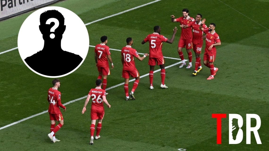 Image of Liverpool players celebrating a goal against Arsenal in the Premier League at Anfield, mystery figure inset