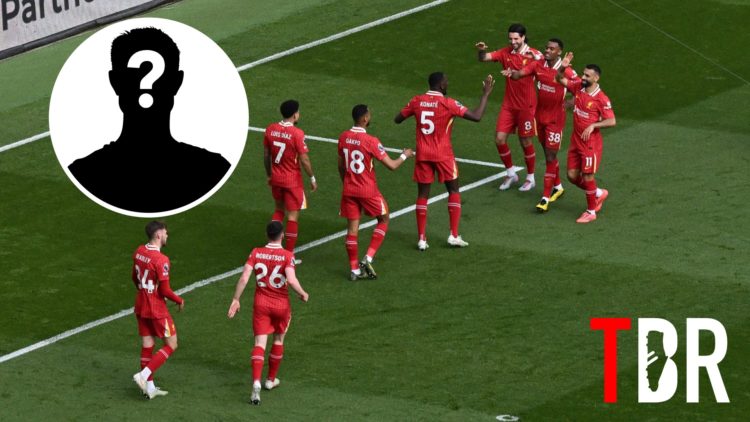 Image of Liverpool players celebrating a goal against Arsenal in the Premier League at Anfield, mystery figure inset
