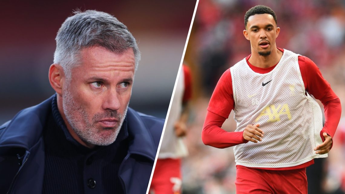 Jamie Carragher split with Trent Alexander-Arnold warming up before Liverpool's match in the Premier League.