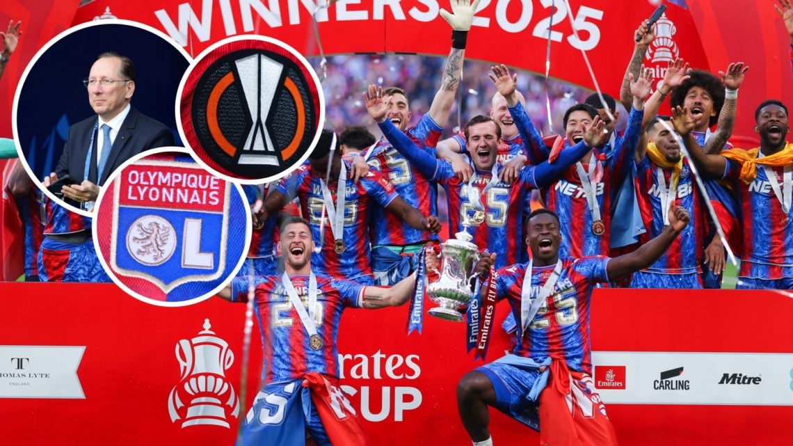 Crystal Palace players celebrating the FA Cup win at Wembley, Lyon badge, Europa League badge and John Textor inset