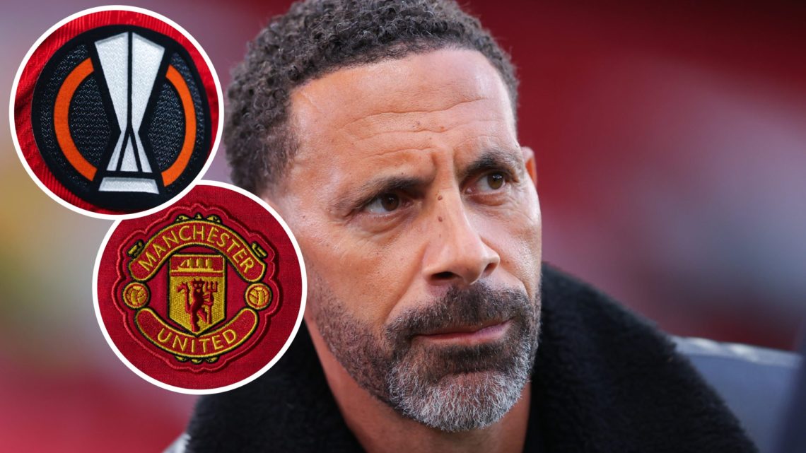Image of Rio Ferdinand working for TNT Sports with Manchester United badge and Europa League patch inset