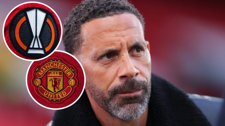 Image of Rio Ferdinand working for TNT Sports with Manchester United badge and Europa League patch inset
