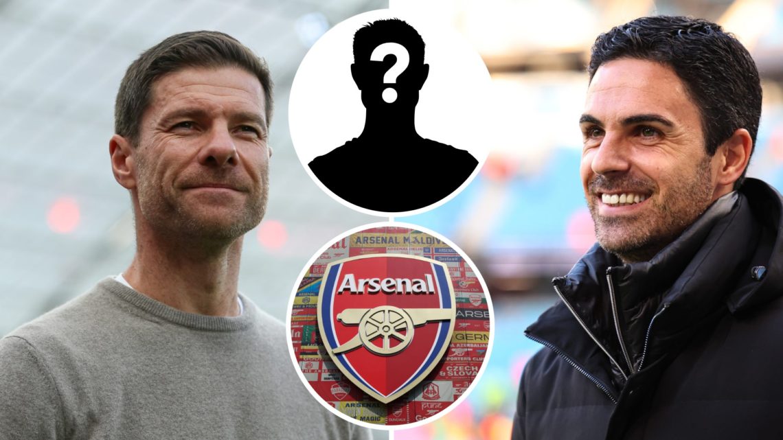 Split image Xabi Alonso (L) and Mikel Arteta. Inset of Arsenal badge and mystery player.