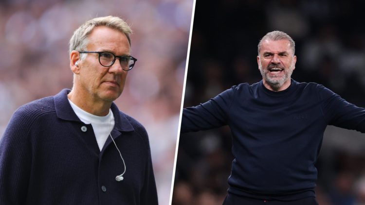 Split image of (L) Paul Merson on the pitch while working as a pundit and (R) Ange Postecoglou shouting during a Tottenham game