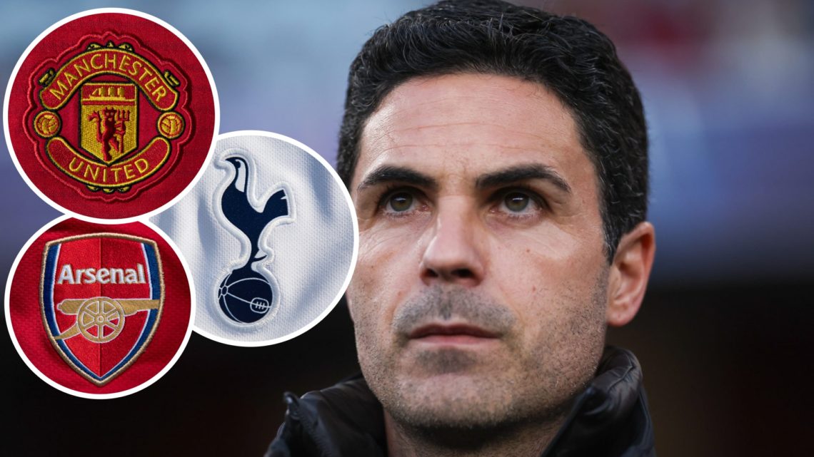 Image of Mikel Arteta at Arsenal vs PSG with Manchester United badge, Tottenham badge and Arsenal badge inset