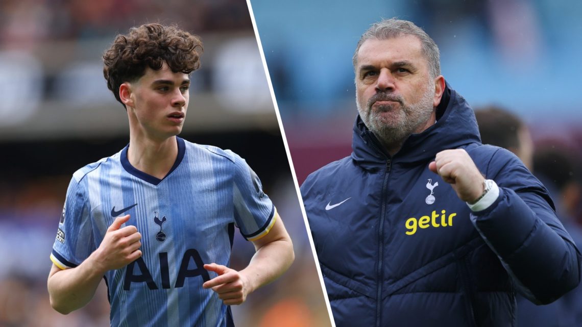 Split image of Tottenham midfielder Archie Gray and Spurs manager Ange Postecoglou