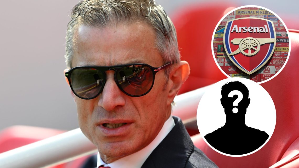Arsenal sporting director Andrea Berta. Inset of Arsenal badge and mystery player.