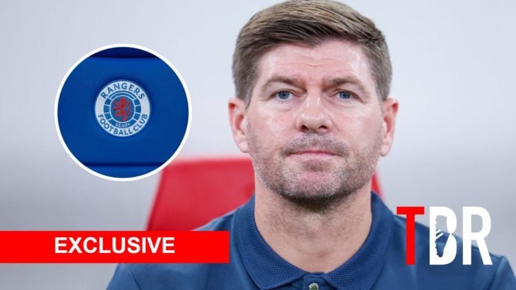 Steven Gerrard with inset of Glasgow Rangers badge, TBR logo and Exclusive banner