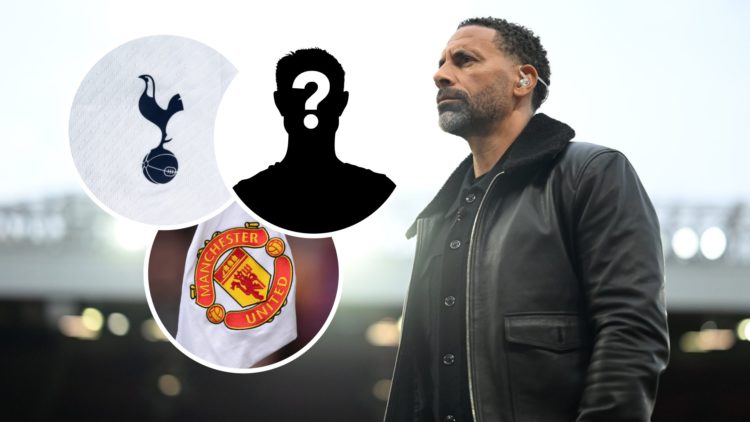 Rio Ferdinand with insets of Tottenham badge, Manchester United badge, and mystery silhouette