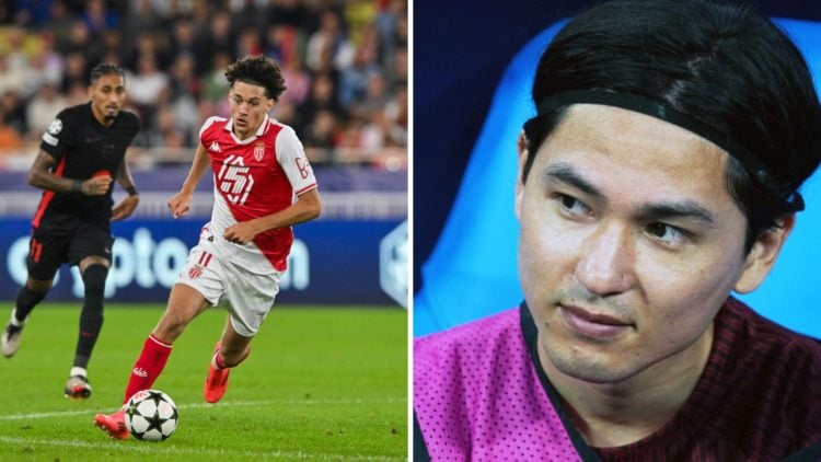 Split image of Liverpool target Maghnes Akliouche and Monaco teammate Takumi Minamino