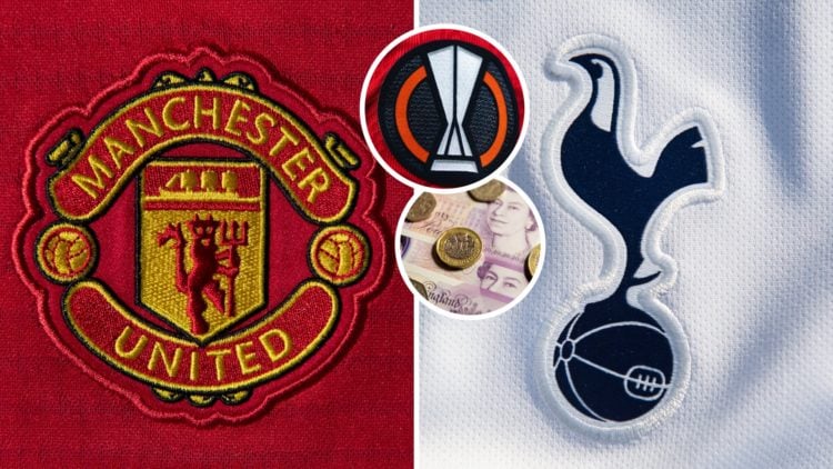 Split image of Manchester United badge and Tottenham badge, Europa League patch and money inset