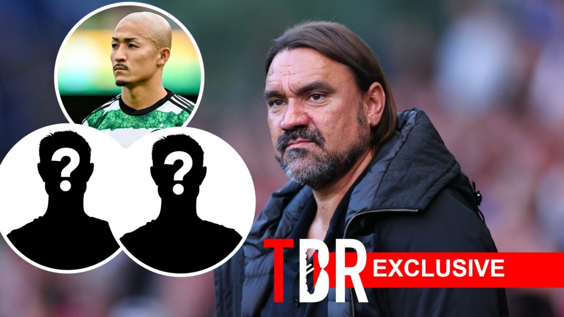 Image of Daniel Farke during a Leeds United game with an inset of Daizen Maeda playing for Celtic and two mystery players