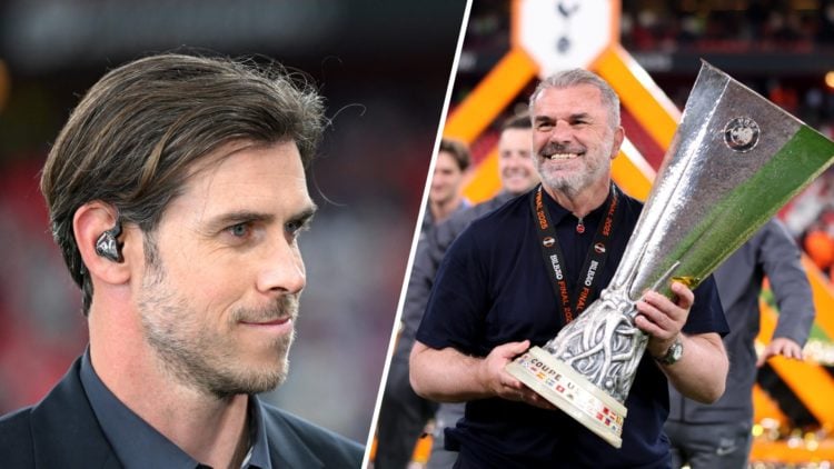 Gareth Bale looks on during Tottenham's Europa League final. Split with Ange Postecoglou holding the trophy.