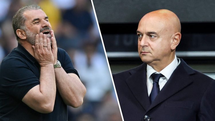 Split image of (L) Ange Postecoglou looking frustrated during a Tottenham game and (R) Daniel Levy looking on during a different Tottenham match
