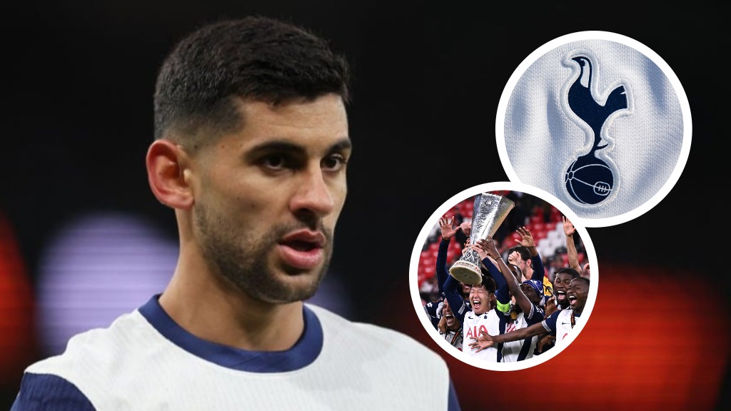 Tottenham Hotspur defender Cristian Romero. Inset of Tottenham lifting the Europa League and Tottenham badge.