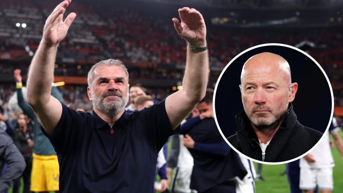 Ange Postecoglou celebrates Tottenham's Europa League triumph. Inset, Alan Shearer.