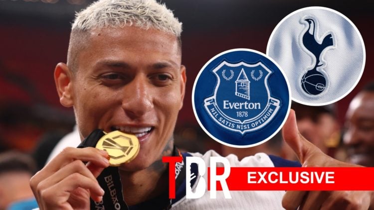 Tottenham Hotspur forward Richarlison with Europa League winners' medal. Inset of Tottenham badge and Everton badge.