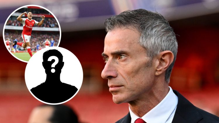 Image of Arsenal sporting director Andrea Berta looking on at the Emirates Stadium with insets of Alexis Sanchez celebrating a goal he scored for A...