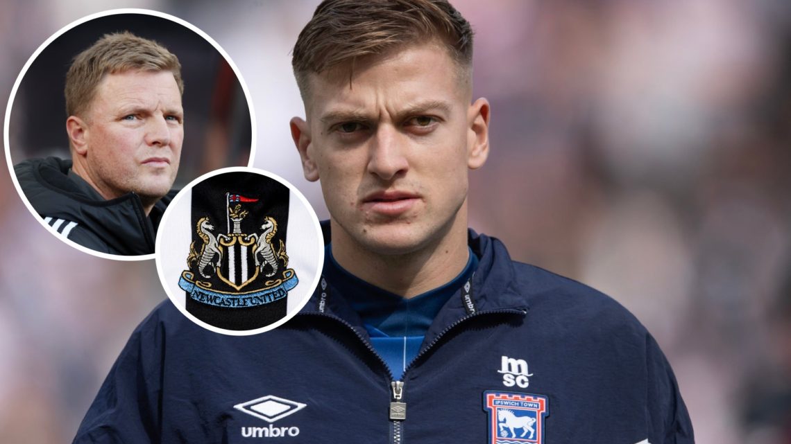 Image of Liam Delap for Ipswich with Eddie Howe and Newcastle United badge inset