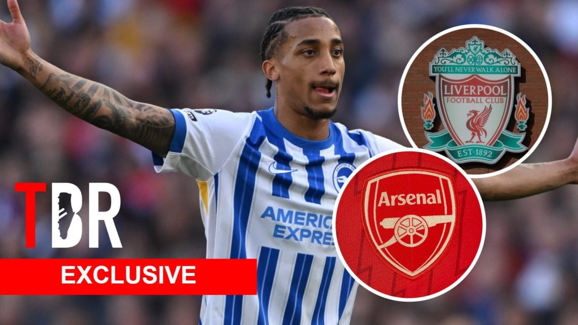 Brighton forward Joao Pedro. Inset of Arsenal and Liverpool badges.