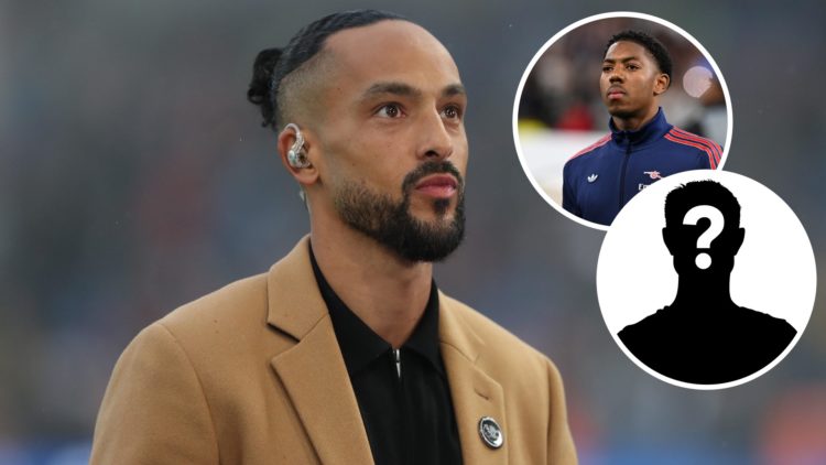 Image of Theo Walcott working as a pundit with insets of Arsenal's Myles Lewis-Skelly before a game and a mystery player