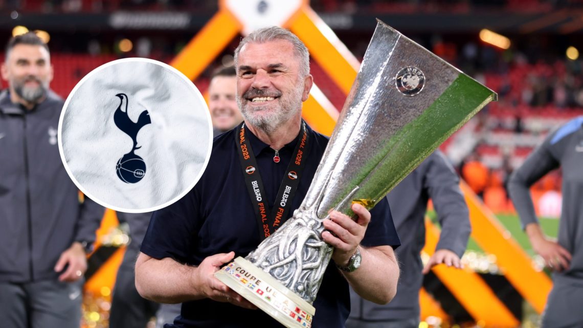 Image of Ange Postecoglou celebrating Tottenham winning the Europa League, Spurs badge inset