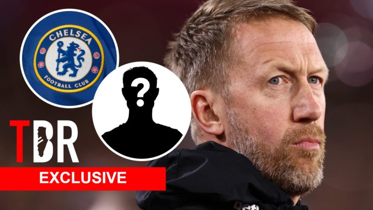 West Ham United manager Graham Potter. Inset of Chelsea badge and mystery player.