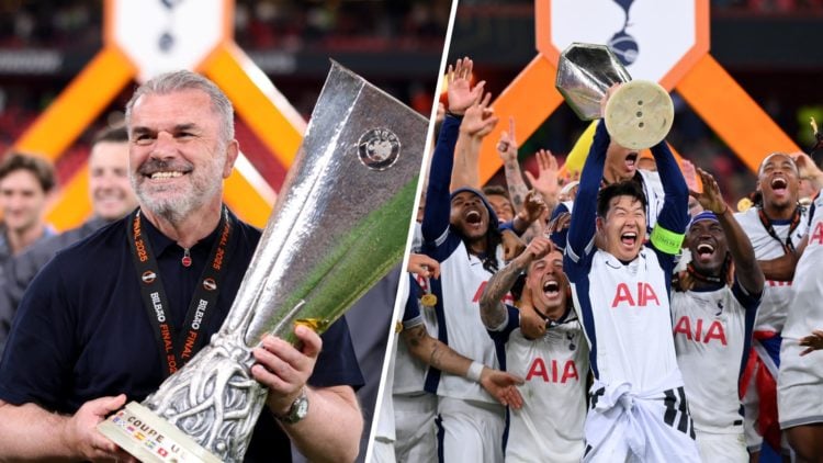 A split image of Ange Postecoglou and the Tottenham squad lifting the Europa League trophy