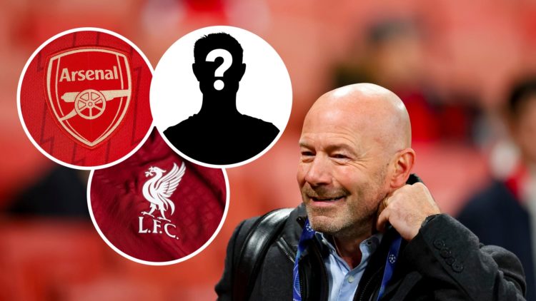 Alan Shearer with insets of Arsenal and Liverpool badges along with mystery silhouette