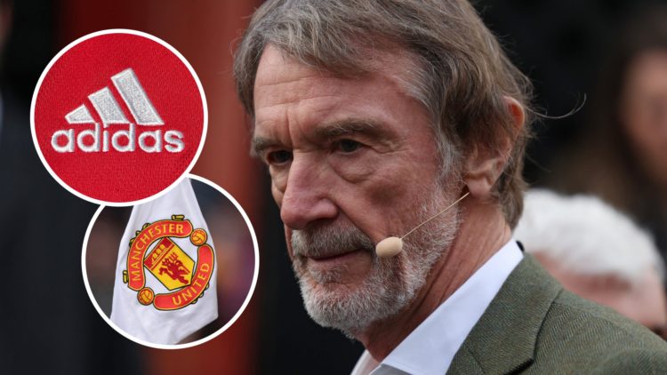 Manchester United minority owner Sir Jim Ratcliffe with insets of Adidas logo and Manchester United badge