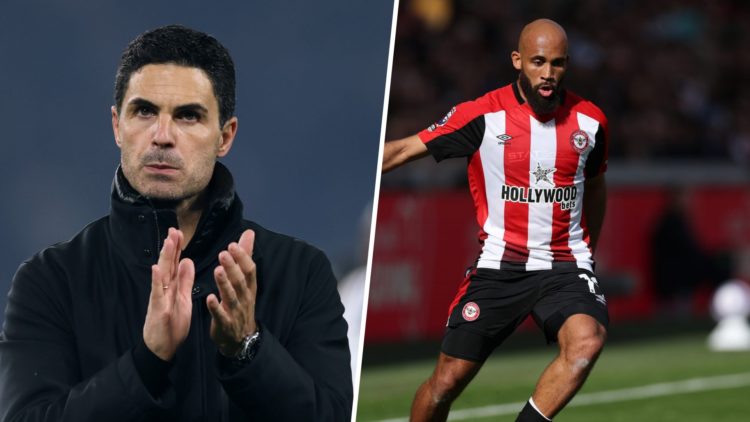 A split image of Mikel Arteta and Bryan Mbeumo