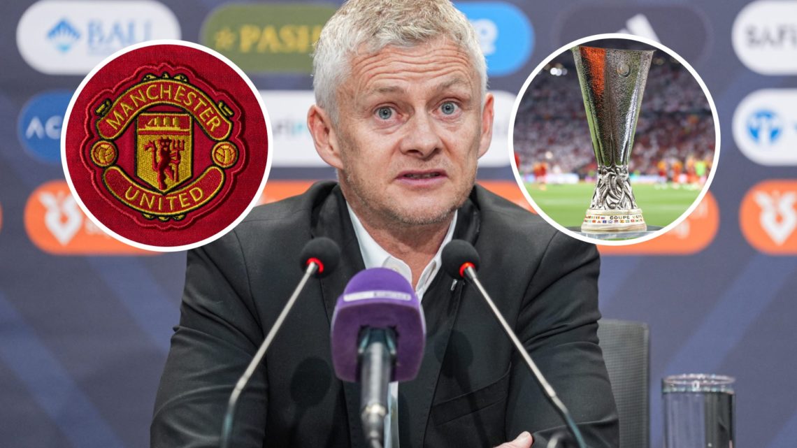 Image of Ole Gunnar Solskjaer in a press conference at Besiktas, Manchester United badge and Europa League trophy inset