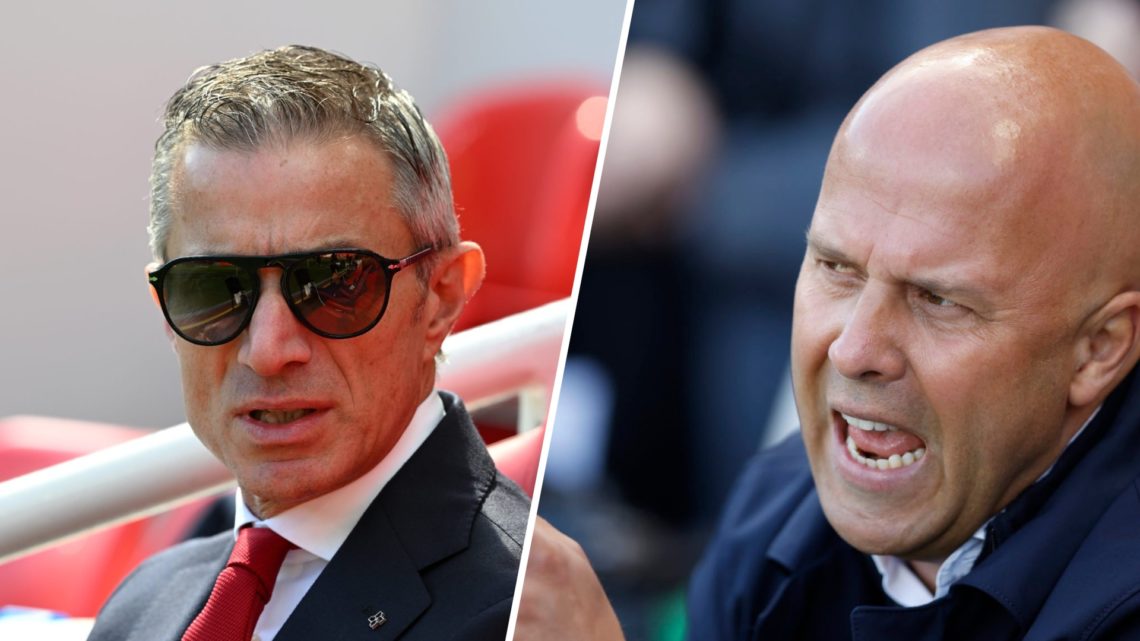 Split image of (L) Andrea Berta looking on before an Arsenal game and (R) Arne Slot arguing during a Liverpool match