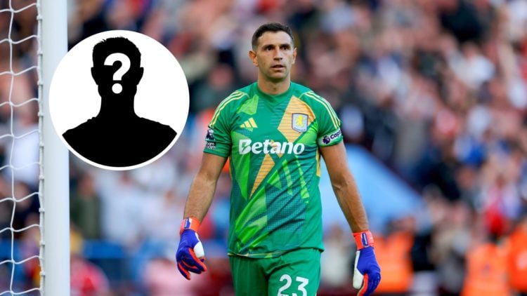 Aston Villa goalkeeper Emiliano Martinez with inset of mystery silhouette