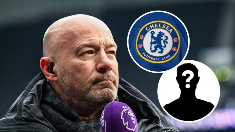 Alan Shearer with inset of Chelsea badge and mystery silhouette