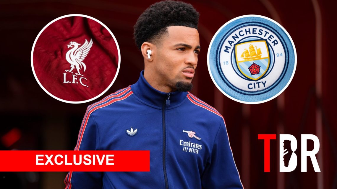 Arsenal star Ethan Nwaneri with insets of Liverpool and Manchester City badge, TBR logo and Exclusive banner