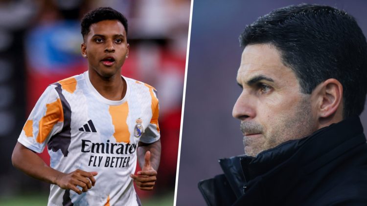 Split image of (L) Rodrygo warming up before a Real Madrid game and (R) Mikel Arteta looking on during an Arsenal clash