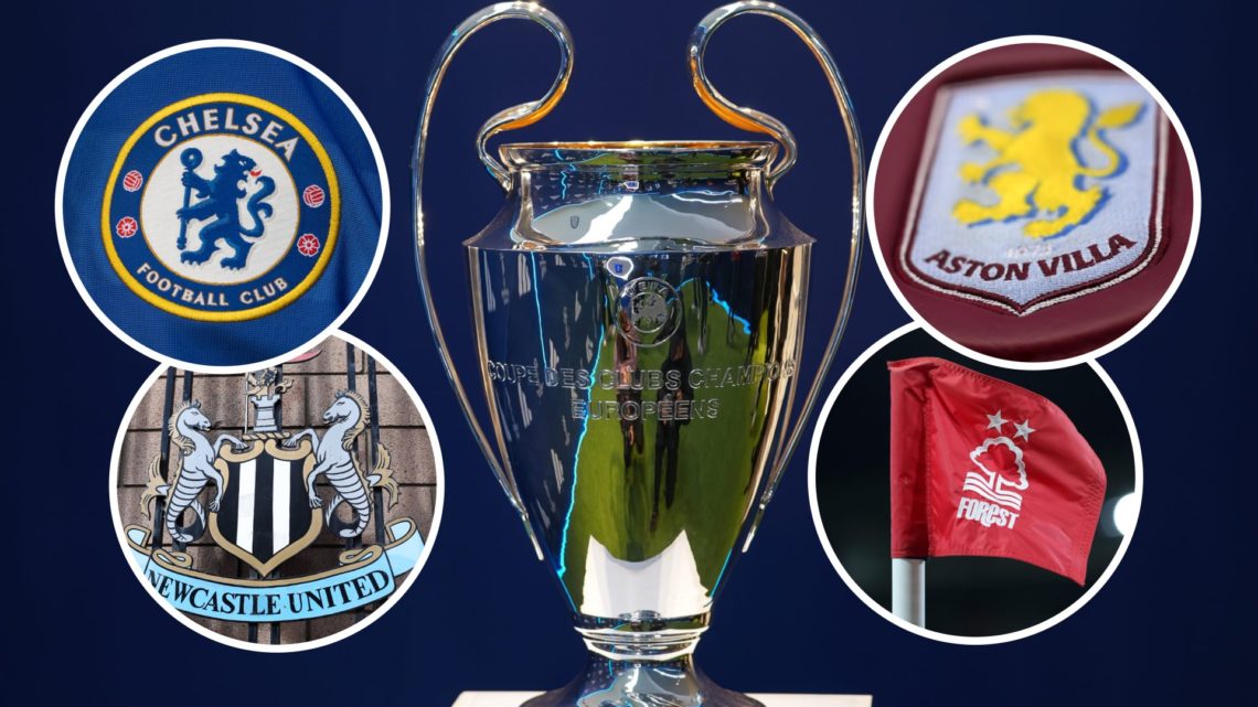 Champions League trophy with insets of Chelsea, Newcastle, Aston Villa and Nottingham Forest badges