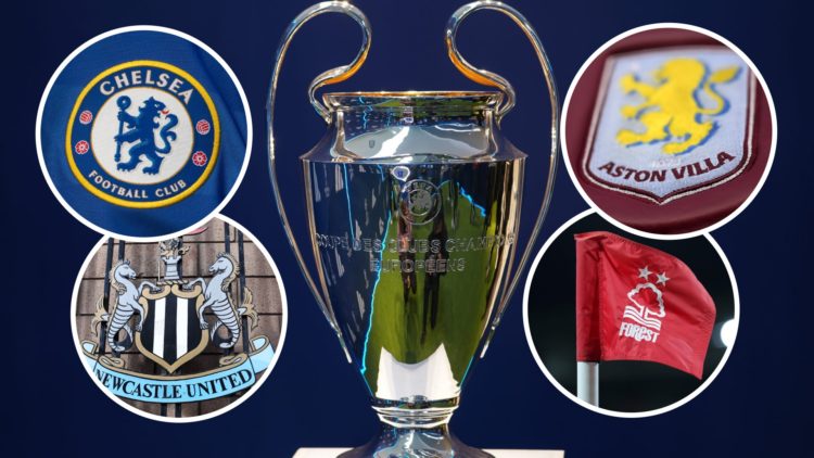 Champions League trophy with insets of Chelsea, Newcastle, Aston Villa and Nottingham Forest badges