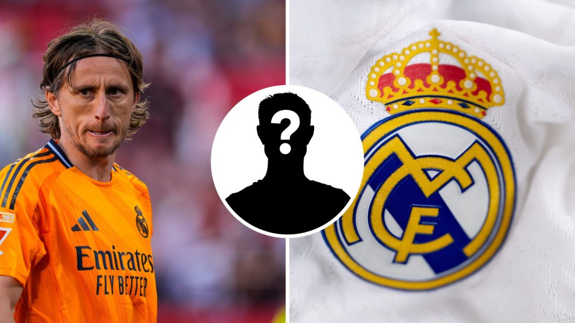 Split image of Luka Modric in action for Real Madrid and Real Madrid badge close up