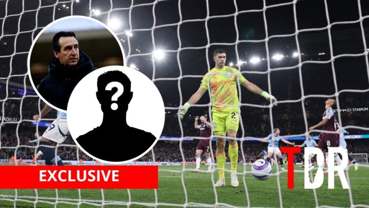 Aston Villa goalkeeper Emiliano Martinez with insets of Unai Emery and mystery silhouette