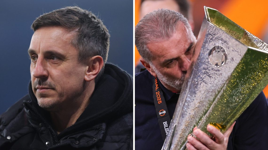 Split image of Gary Neville and Ange Postecoglou kissing the Europa League trophy