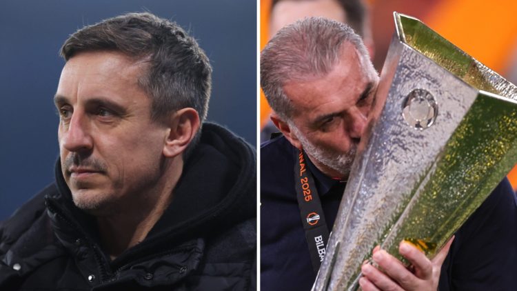Split image of Gary Neville and Ange Postecoglou kissing the Europa League trophy