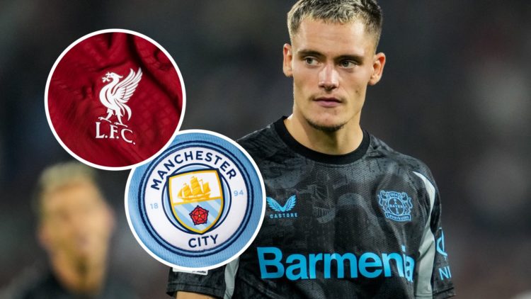 Bayer Leverkusen midfielder Florian Wirtz with insets of Liverpool and Manchester City badges