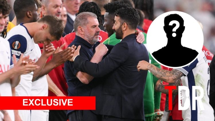 Tottenham Hotspur manager Ange Postecoglou and Manchester United manager Ruben Amorim with mystery silhouette inset