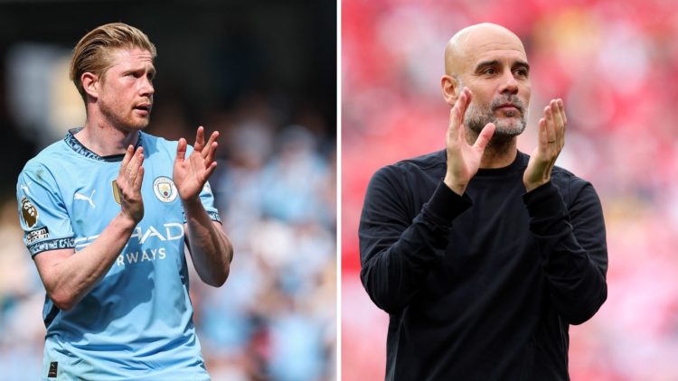 Split image of Kevin De Bruyne and Pep Guardiola