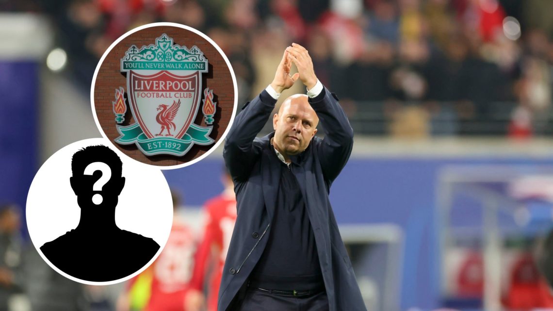 Liverpool manager Arne Slot with insets of Liverpool badge and mystery silhouette