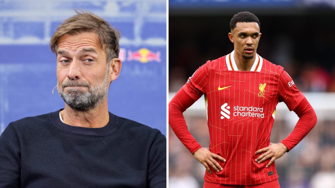 Split image of (L) Jurgen Klopp during his presentation at Reb Bull group and (R) Trent Alexander-Arnold looking on during a Liverpool game